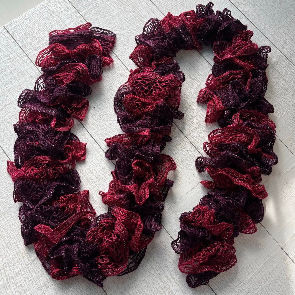 Handmade Crocheted Ruffle Red and Purple Scarf With Silver Thread Accents